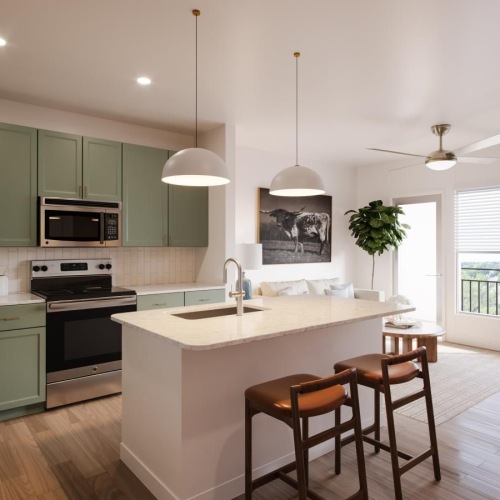 a kitchen with green cabinets