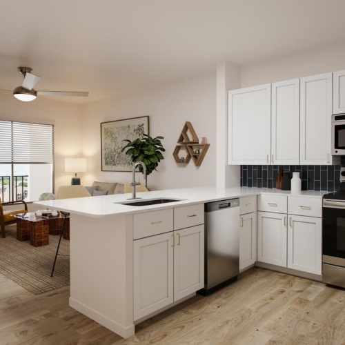 a kitchen with white cabinets