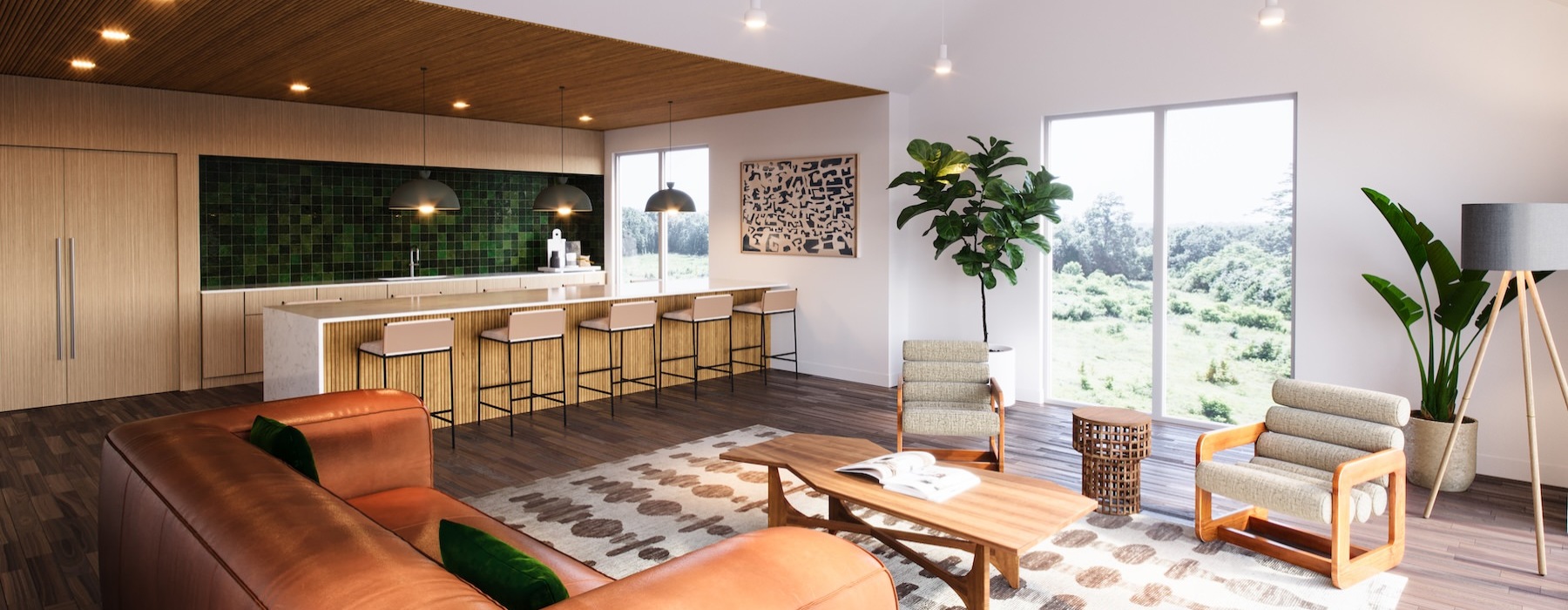 a clubroom with a couch, tables and chairs