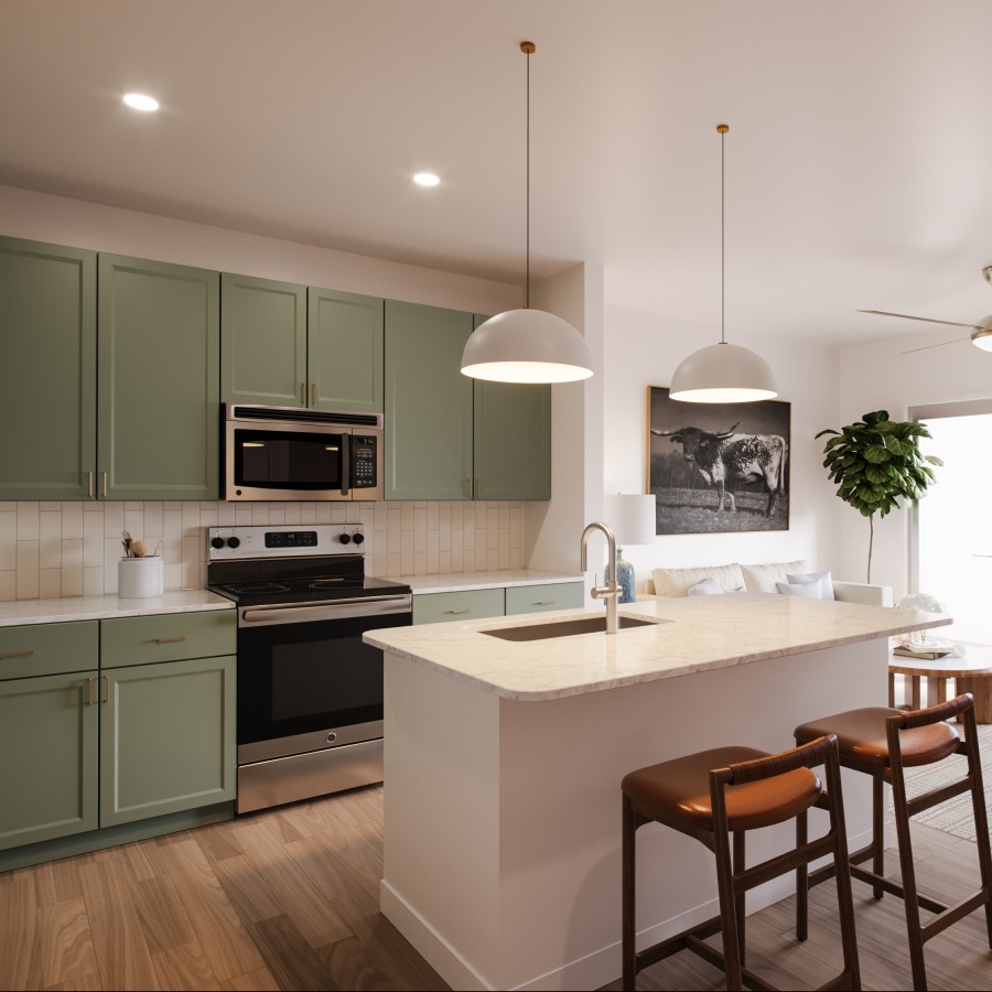 kitchen with ample counter-space, modern appliances and bright lighting