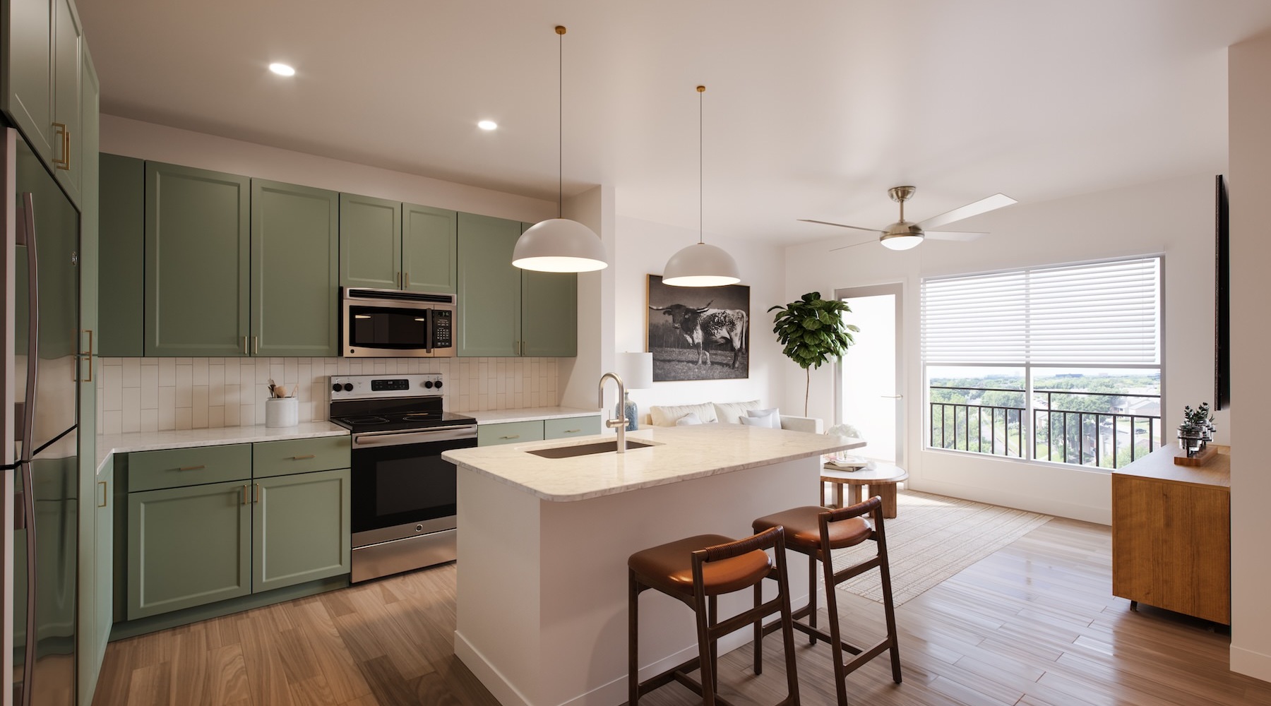 a kitchen with green cabinets