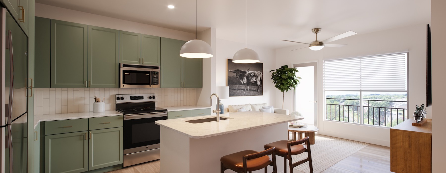 a kitchen with green cabinets