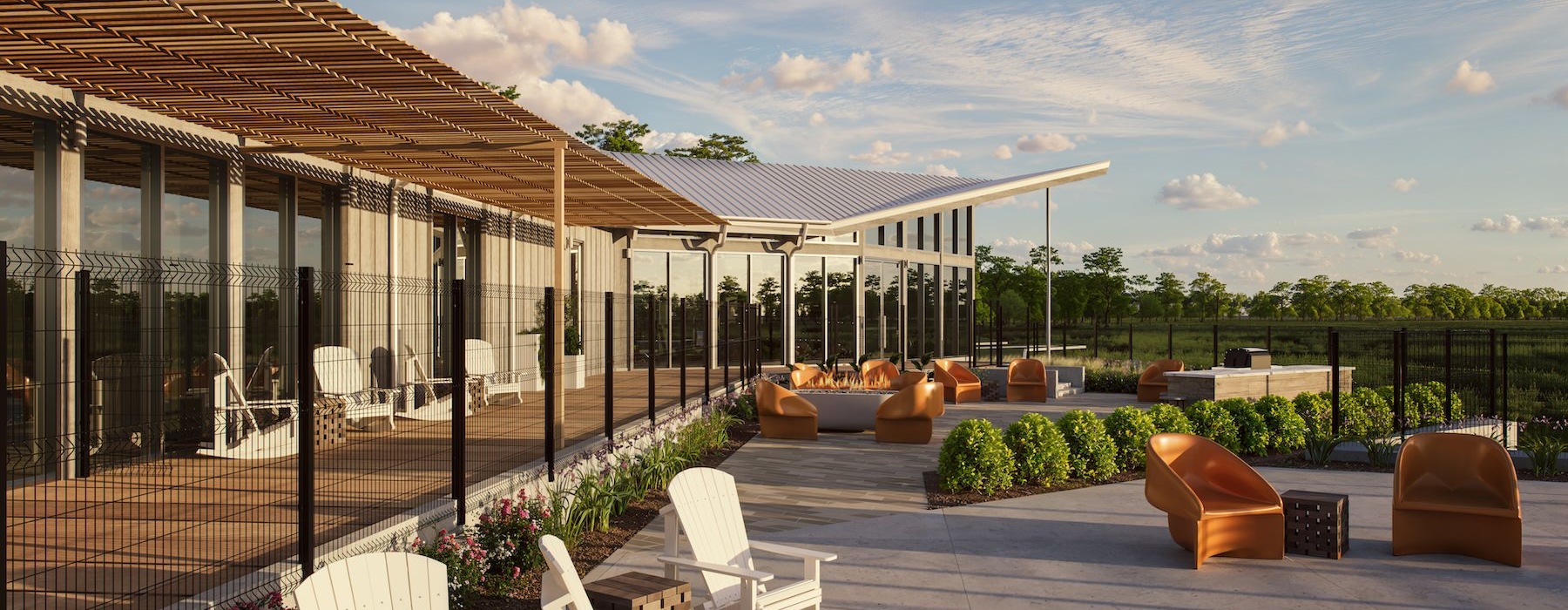 a patio with chairs and a pool
