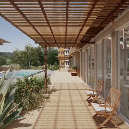 a deck with chairs and a pool