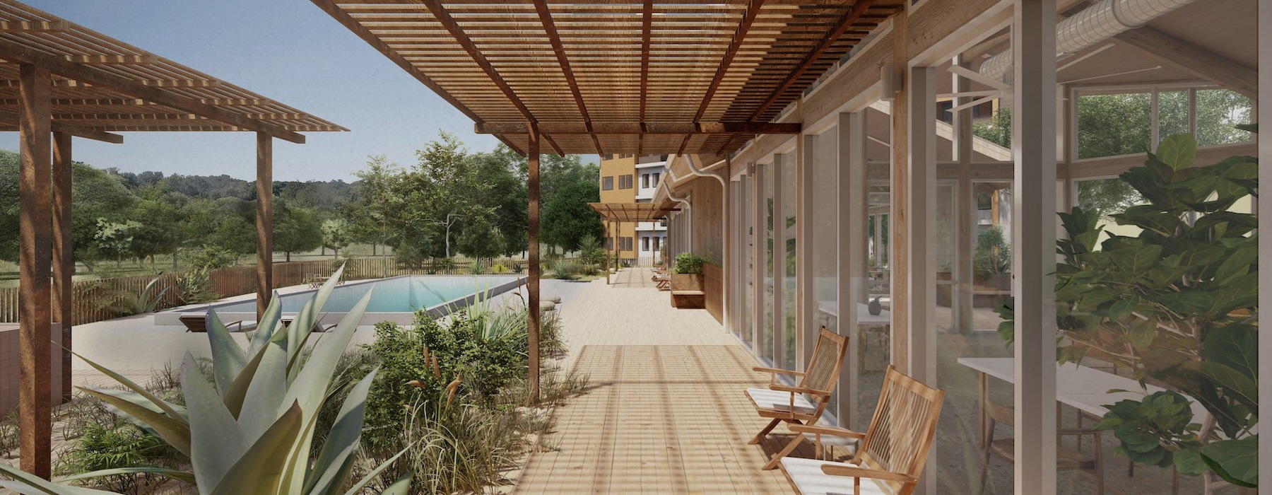 a deck with chairs and a pool