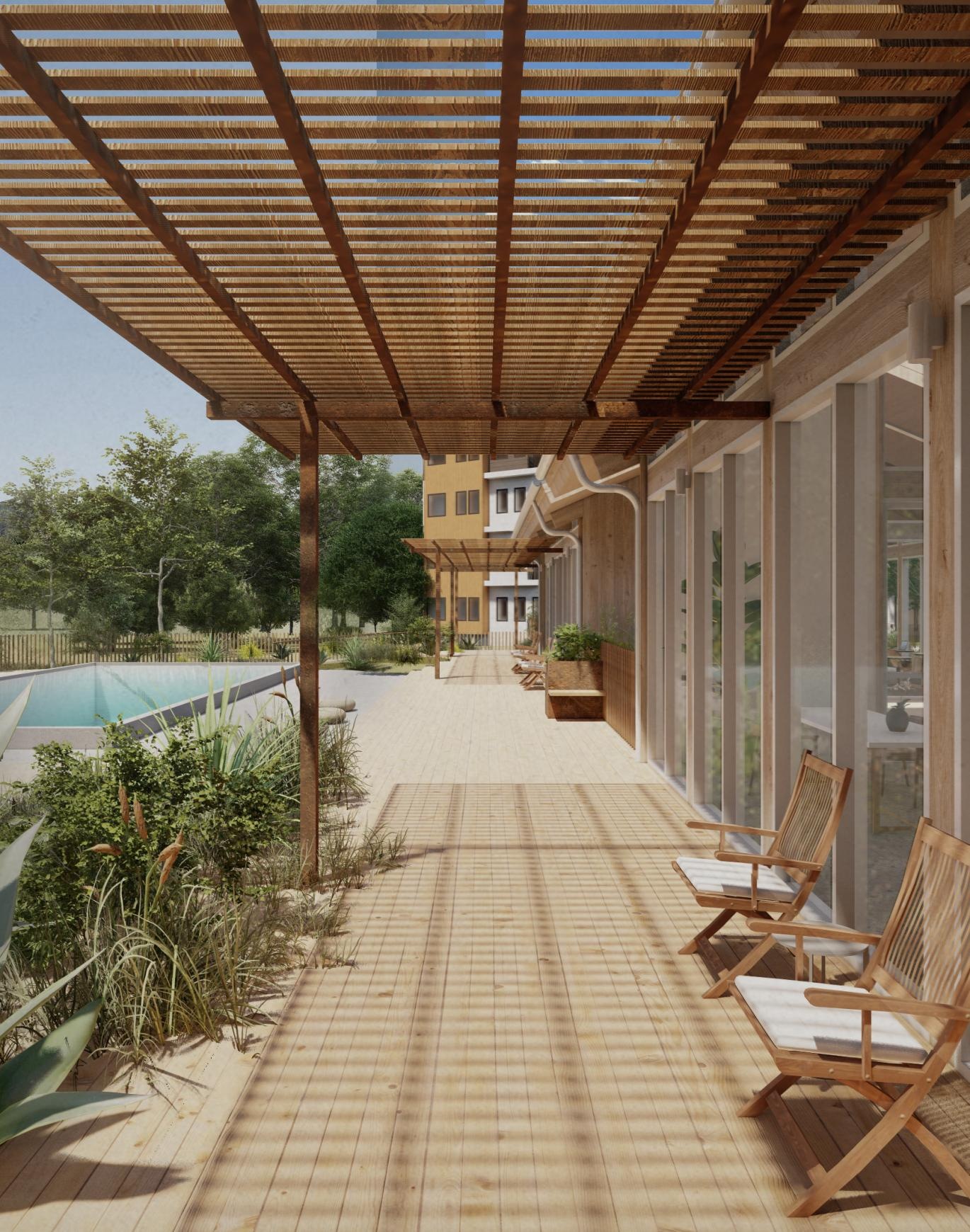 a deck with chairs and a pool